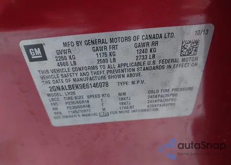 2014 Chevrolet Equinox 1Lt from USA, damaged, VIN 2GNALBEK9E6146078